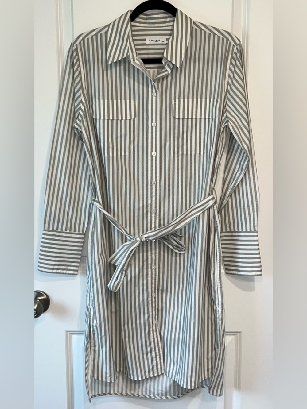 Equipment Femme Preppy Boyfriend  Style Striped Printed Belted Shirt Dress Sz. M